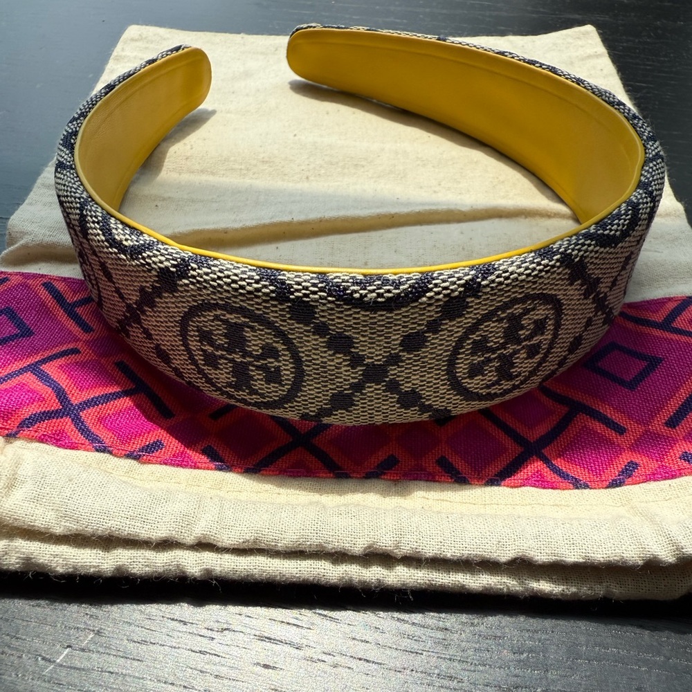 Tory Burch Blue Patterned Headband with Yellow Lining